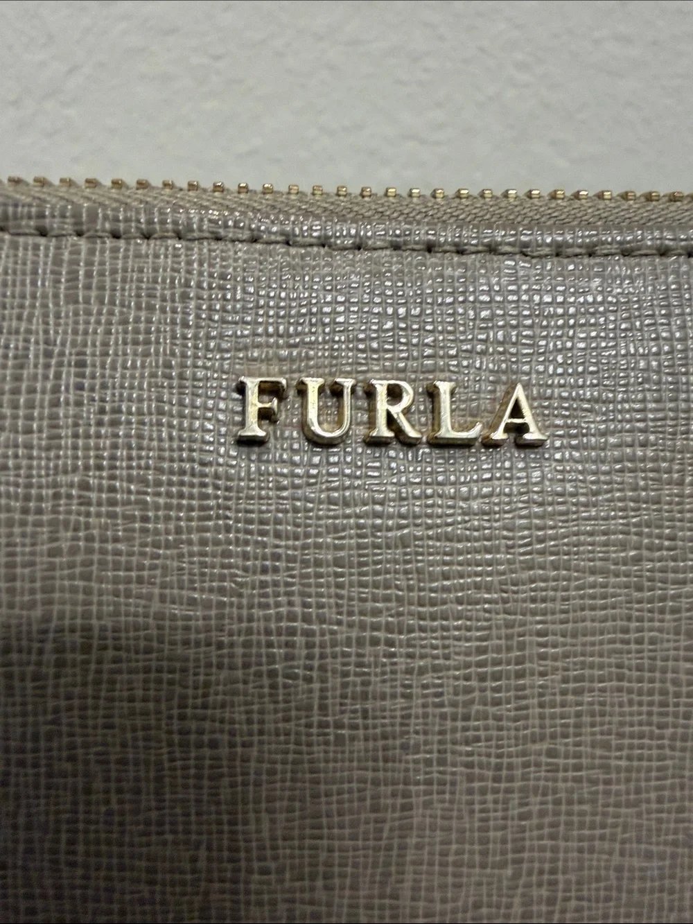 Furla Taupe Saffiano Cosmetic Pouch with Gold Logo